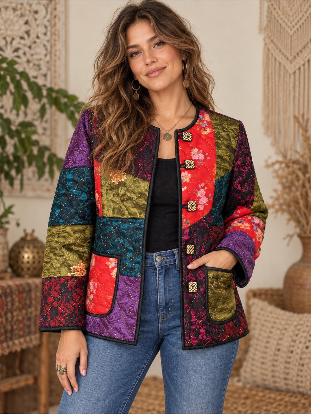 Indigo Moon Patchwork Quilted Jacket Medium Boho Floral Lace Button Front